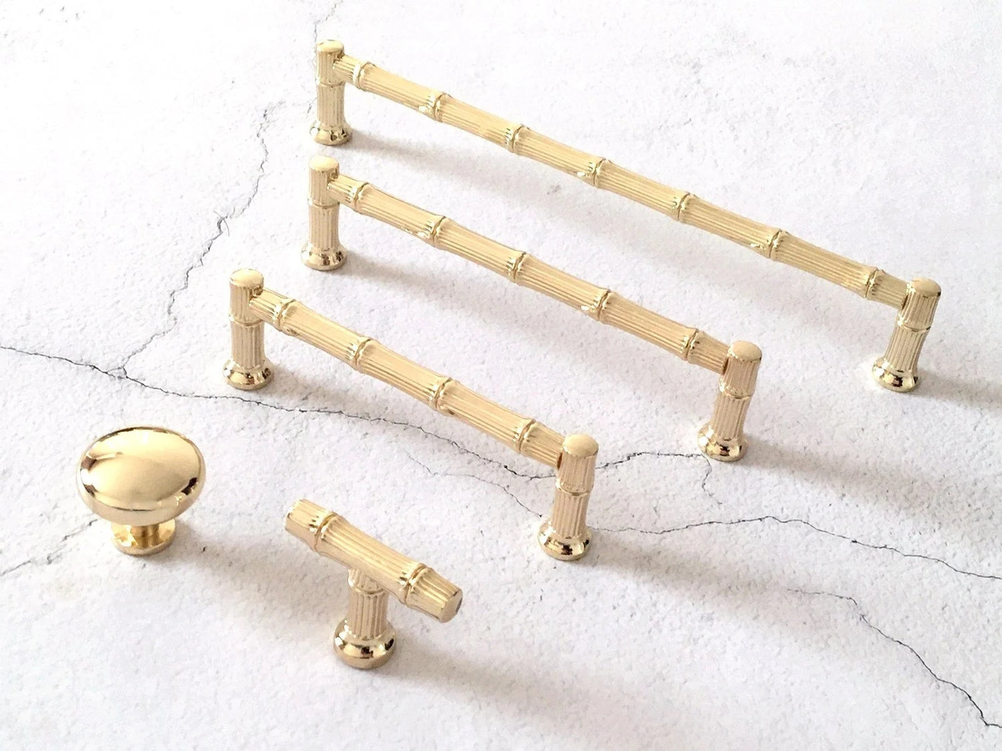 Set of gold cabinet bamboo handles with 3-3/4, 5 and 7 1/2 inch hole spacing