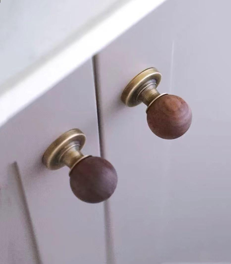 Spherical Walnut Drawer Knobs with Brass base