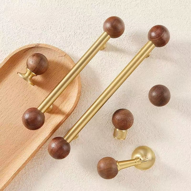 Walnut Brass Cabinet Handles Brushed Gold Drop Knob
