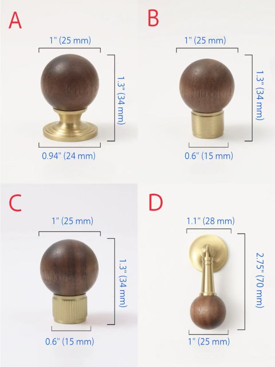 Walnut Brass Kitchen Cabinet Hardware Drop Pulls