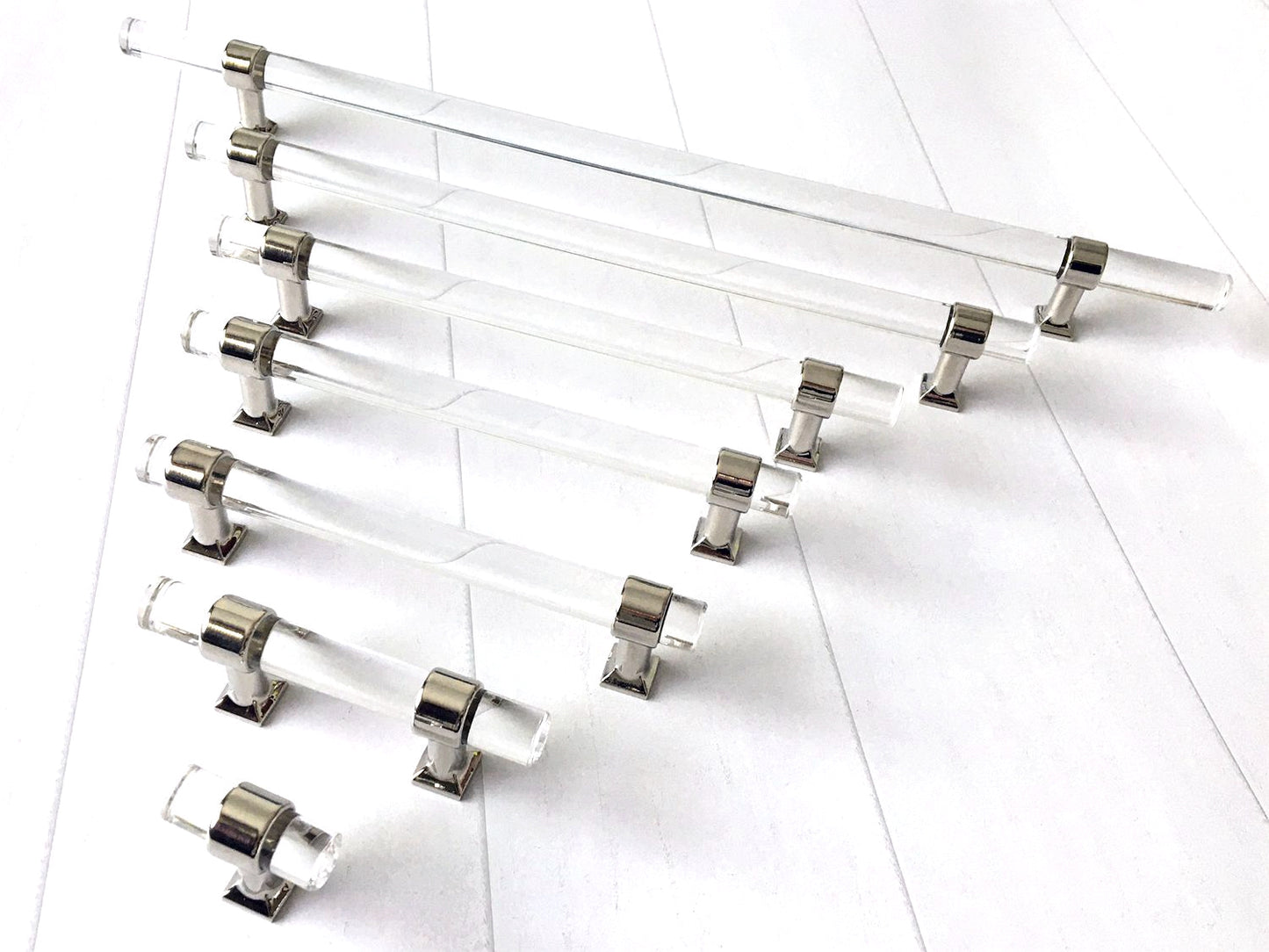 Acrylic Drawer Handles, Lucite Cabinet Pulls, Polished Chrome Silver, Minimalism Hardware