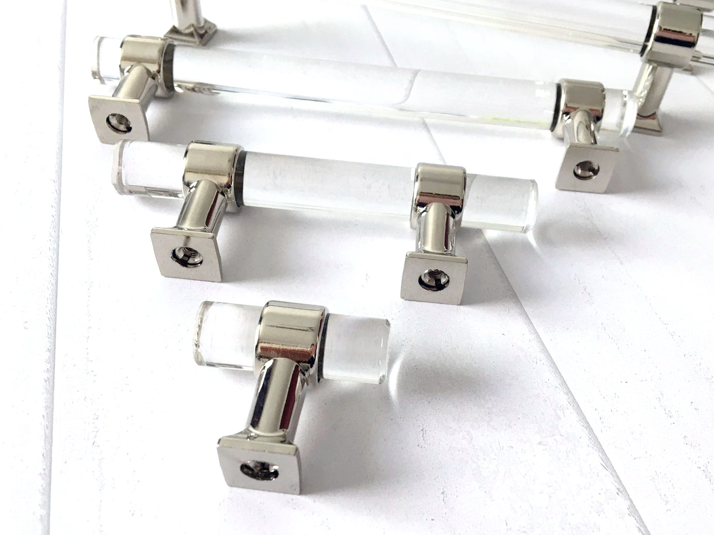 Acrylic Drawer Handles, Lucite Cabinet Pulls, Polished Chrome Silver, Minimalism Hardware