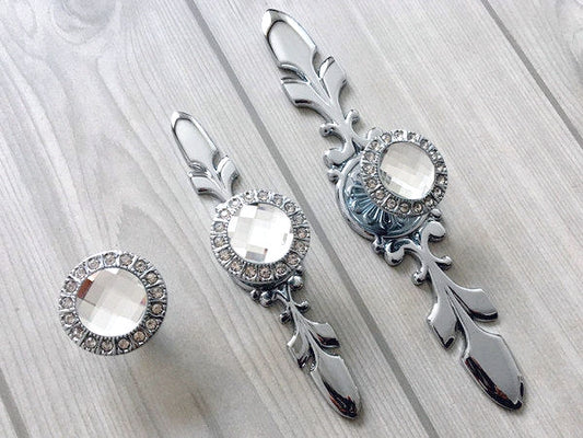 Glass Drawer Knobs with Backplate, Crystal Cabinet Hardware, Sparkle Clear Diamond
