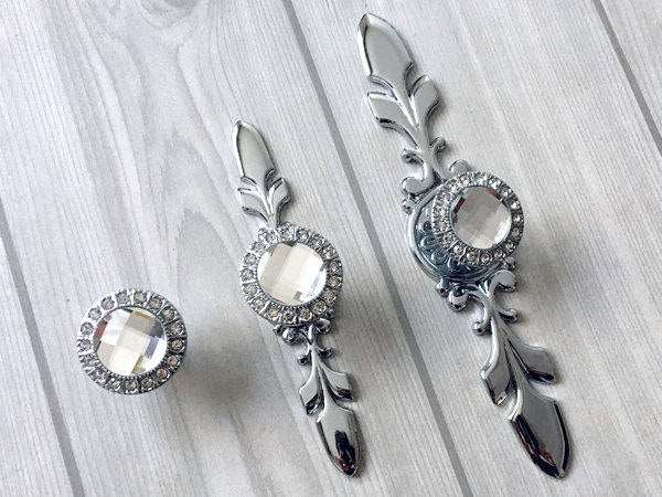 Glass Drawer Knobs with Backplate, Crystal Cabinet Hardware, Sparkle Clear Diamond