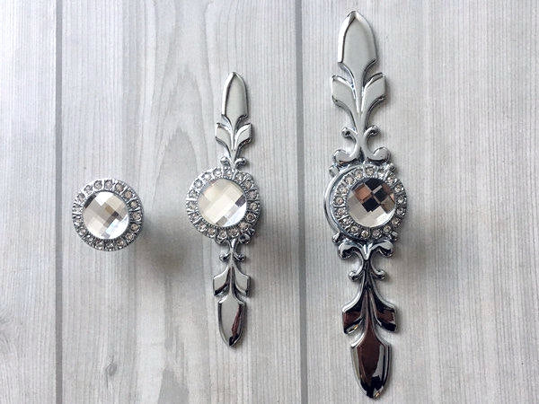 Glass Drawer Knobs with Backplate, Crystal Cabinet Hardware, Sparkle Clear Diamond