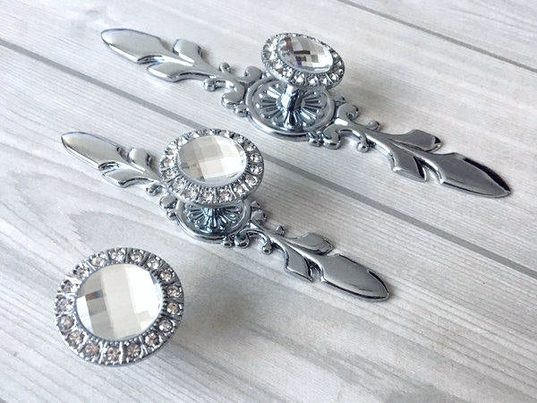 Glass Drawer Knobs with Backplate, Crystal Cabinet Hardware, Sparkle Clear Diamond