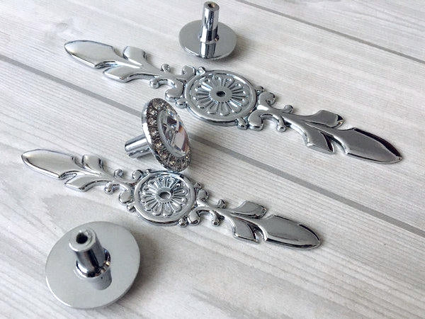Glass Drawer Knobs with Backplate, Crystal Cabinet Hardware, Sparkle Clear Diamond