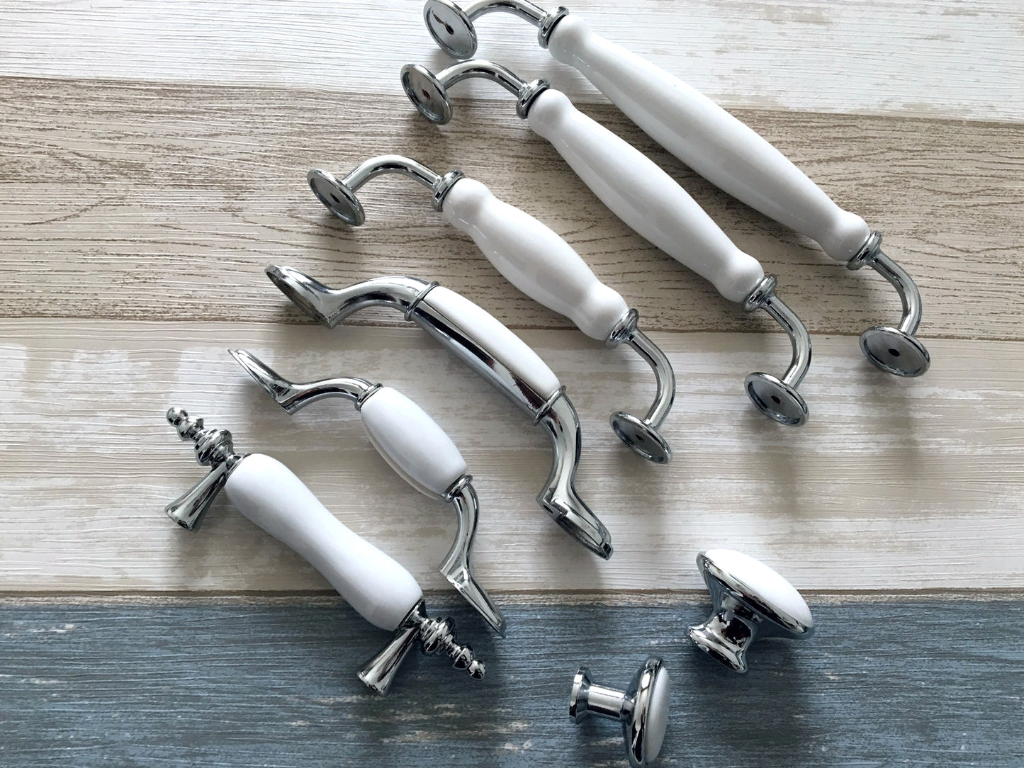 Porcelain Drawer Pulls Cabinet Handles White Silver | Lynns Hardware
