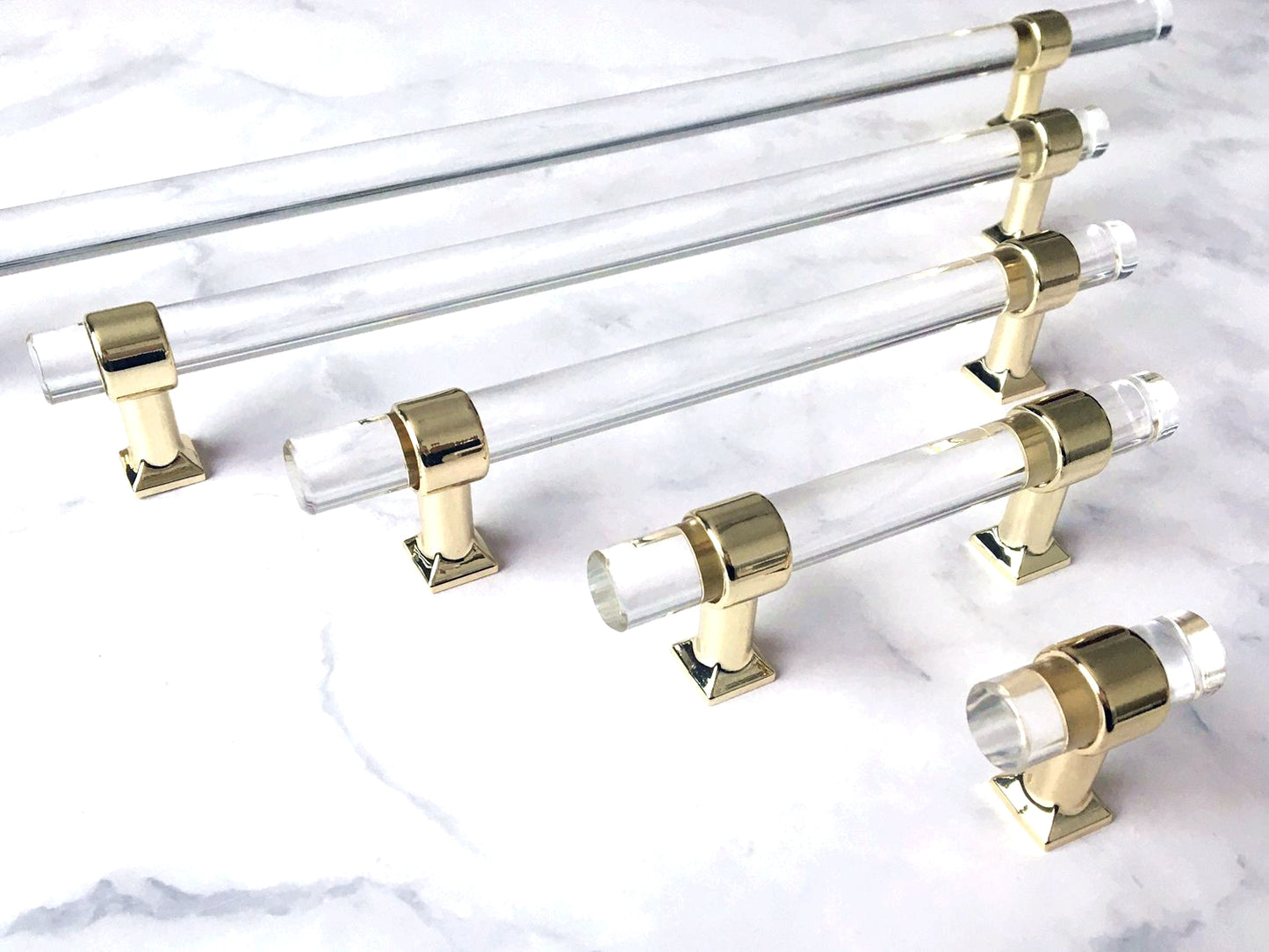 Acrylic Drawer Handles, Lucite Cabinet Pulls, Polished Gold Clear, Kitchen Hardware