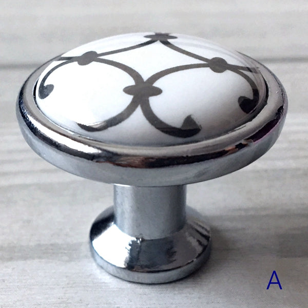 Porcelain Cabinet Pulls & Knobs, White Silver, Kitchen Hardware