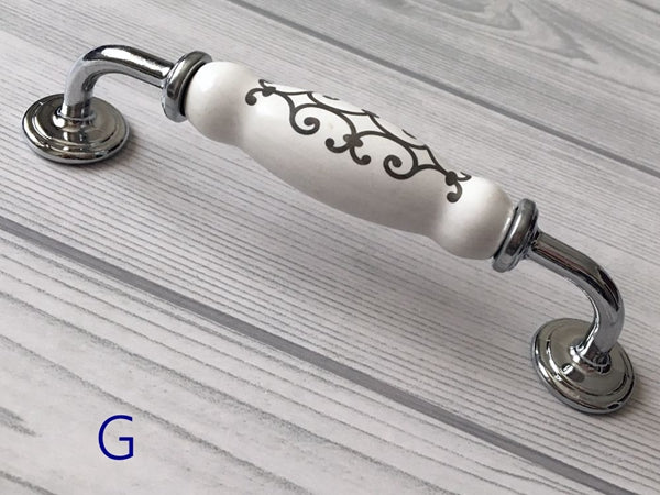 Porcelain Cabinet Pulls & Knobs, White Silver, Kitchen Hardware