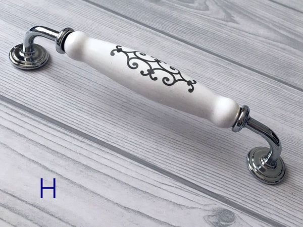 Porcelain Cabinet Pulls & Knobs, White Silver, Kitchen Hardware