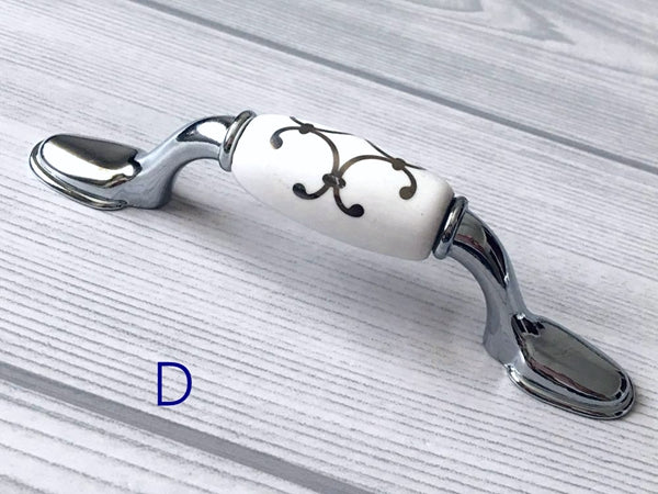Porcelain Cabinet Pulls & Knobs, White Silver, Kitchen Hardware