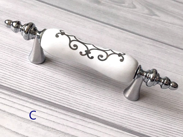 Porcelain Cabinet Pulls & Knobs, White Silver, Kitchen Hardware