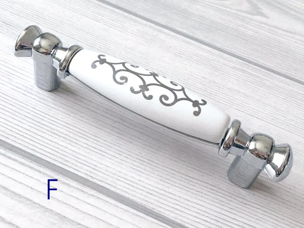 Porcelain Cabinet Pulls & Knobs, White Silver, Kitchen Hardware
