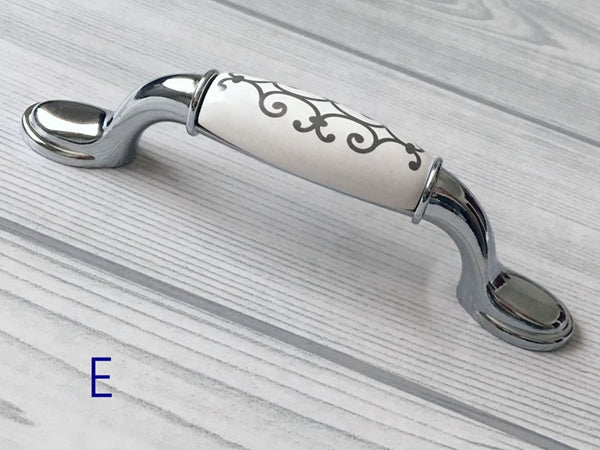 Porcelain Cabinet Pulls & Knobs, White Silver, Kitchen Hardware