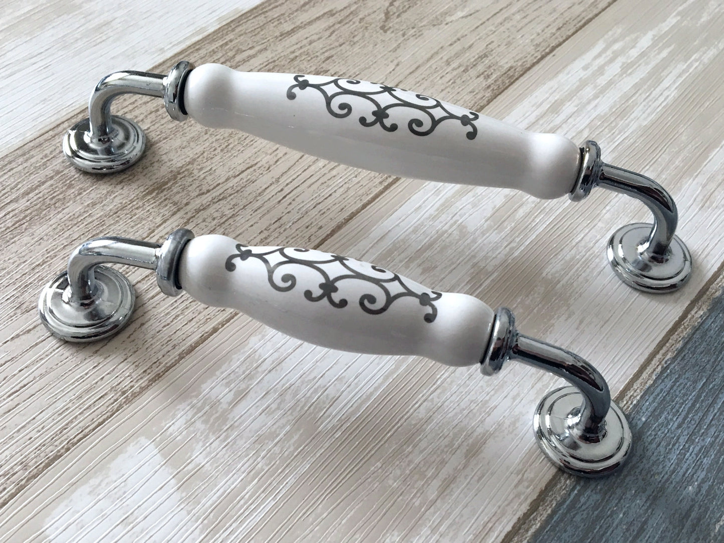 Porcelain Cabinet Pulls & Knobs, White Silver, Kitchen Hardware