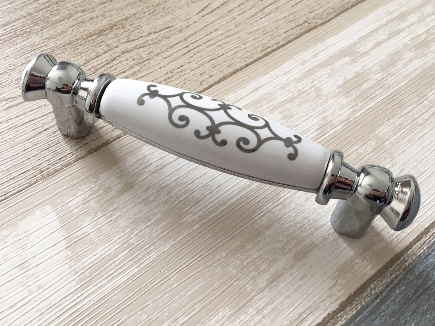 Porcelain Cabinet Pulls & Knobs, White Silver, Kitchen Hardware