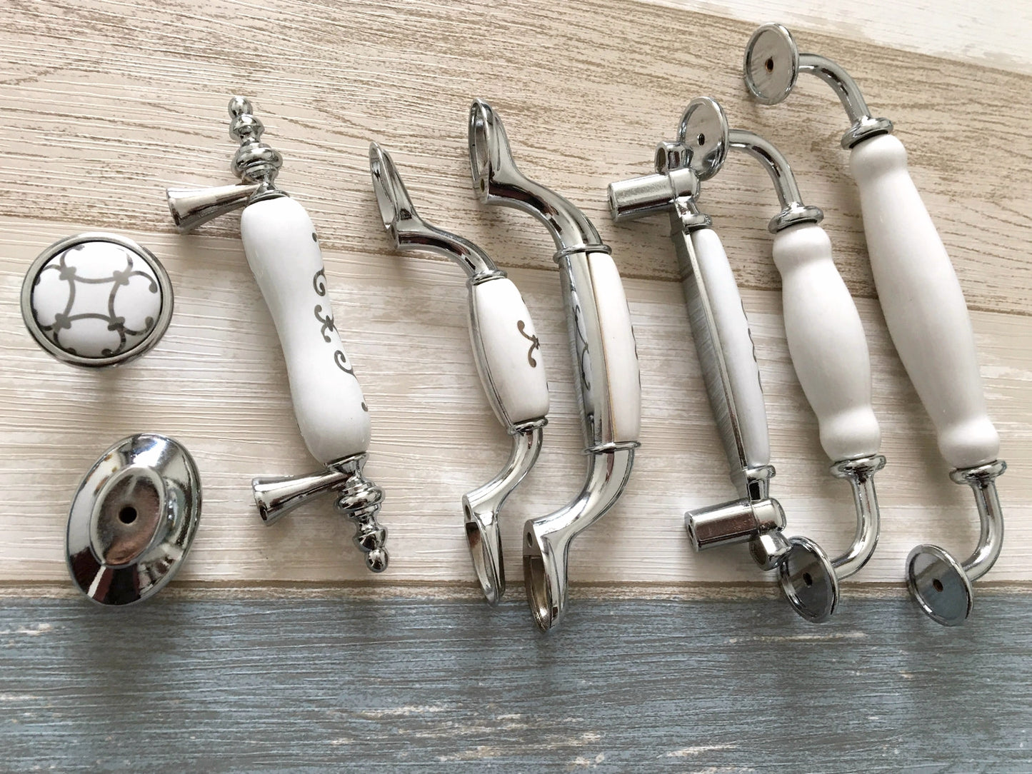 Porcelain Cabinet Pulls & Knobs, White Silver, Kitchen Hardware