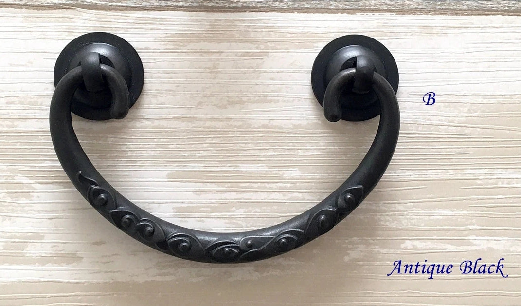 2.75" to 3" Centers Brass Drop Bail Drawer Pull with matching knob, Vintage Style, Antique Bronze Black