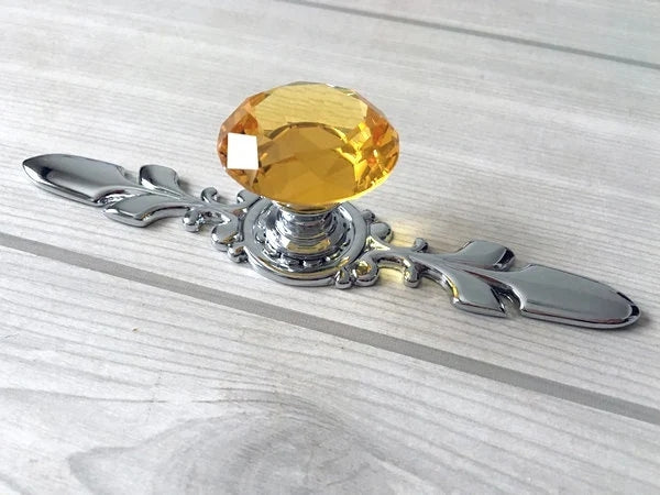 Amber Glass Drawer Knobs with Backplate, Brown Polished Chrome, Kitchen Hardware