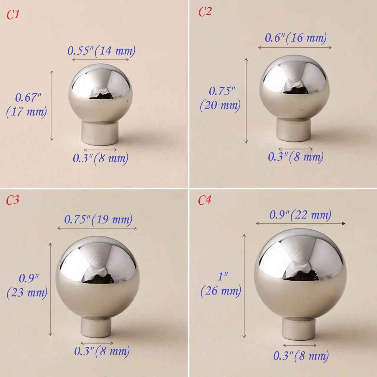 Polished Chrome Cabinet Ball Knob | Jewelry Box Knob - 0.5" to 1" Diameter