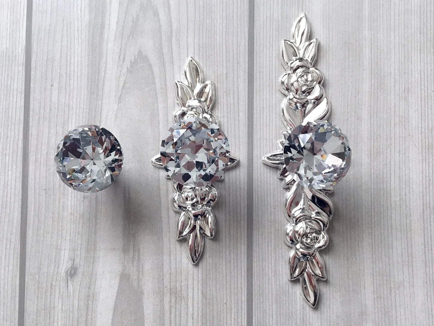 Crystal Drawer Knob Floral Backplate Silver Clear