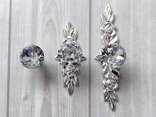 Clear Crystal Glass Drawer Knobs with Floral Backplate, Shabby Chic