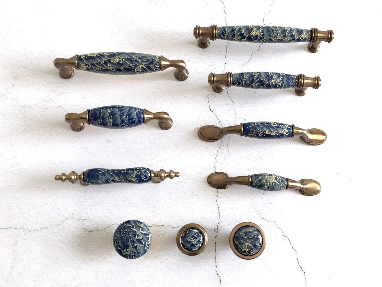 Poignées de tiroir en porcelaine bleue et blanche de 7,6 cm, 9,5 cm, 12,7 cm, style oriental, style chinois