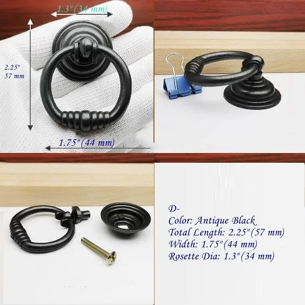 Drawer Knob Antique Black Ring Pull Hardware Dresser Drop Handle