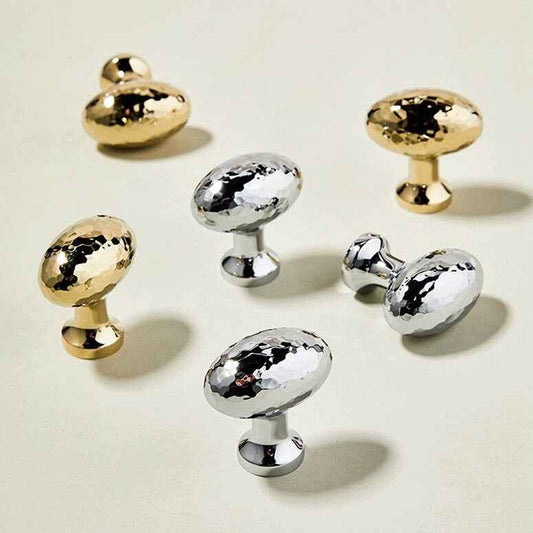 Hammered Oval Egg Knobs, Solid Brass, Polished Gold/Chrome