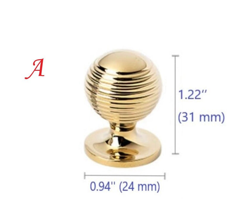 Beehive Brass Cabinet Pulls and Knobs, Polished Gold and Chrome, Luxurious