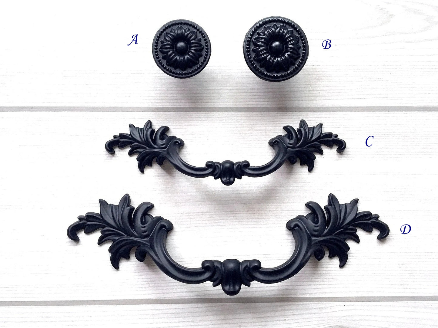 3" 3.75" Centers Black Leafy Drawer Pulls, Floral Knob, Vintage Shabby Chic