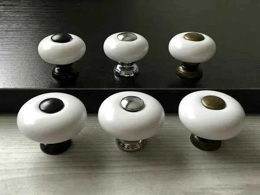 Small White Porcelain Knobs with Metal Center and Base