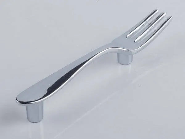 polished silver fork-shaped kitchen cabinet handle with 3-inch centers