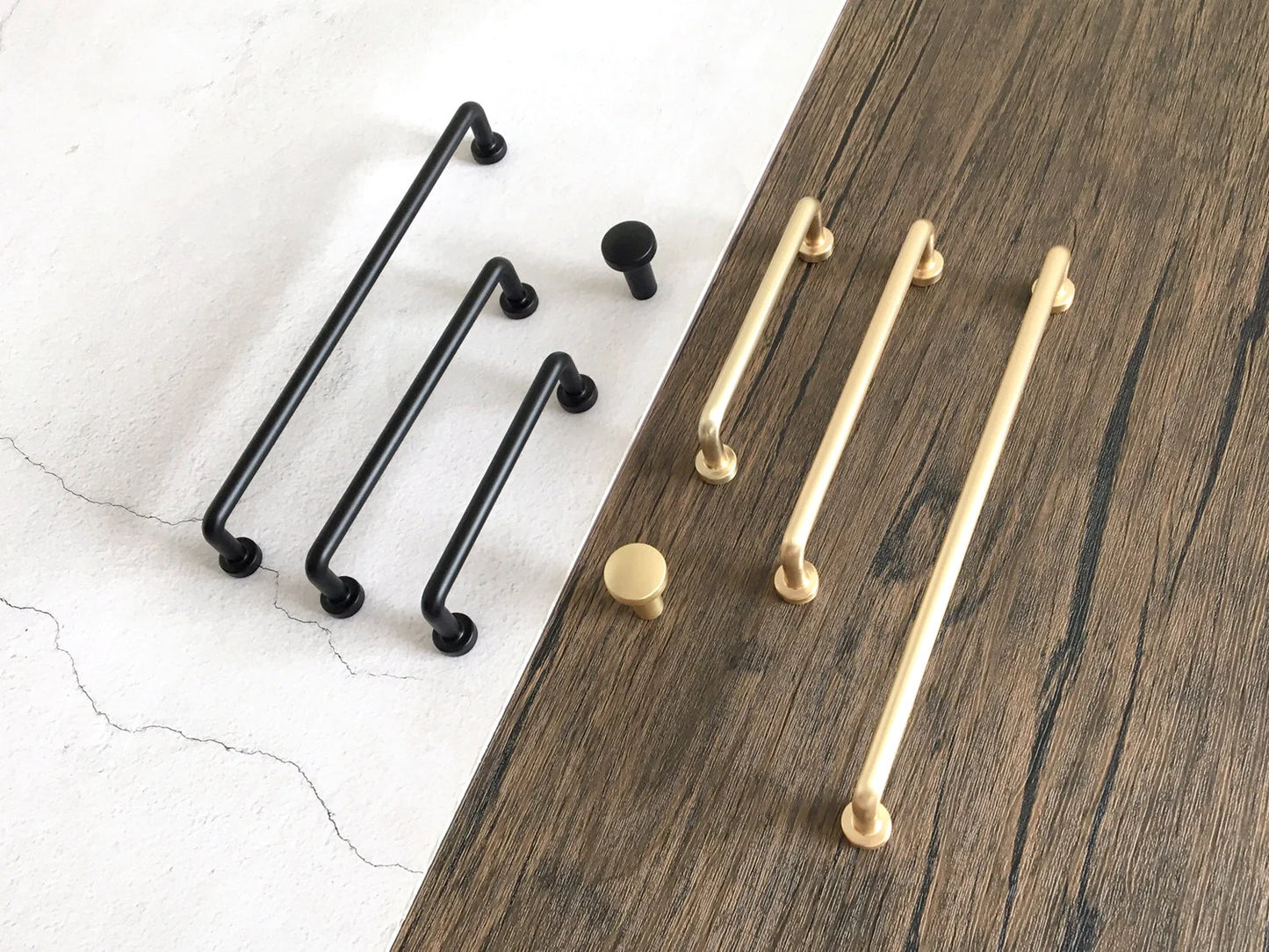 matte black and brushed gold cabinet D pulls with 3.75'' 5'' 7.5'' hole spacing