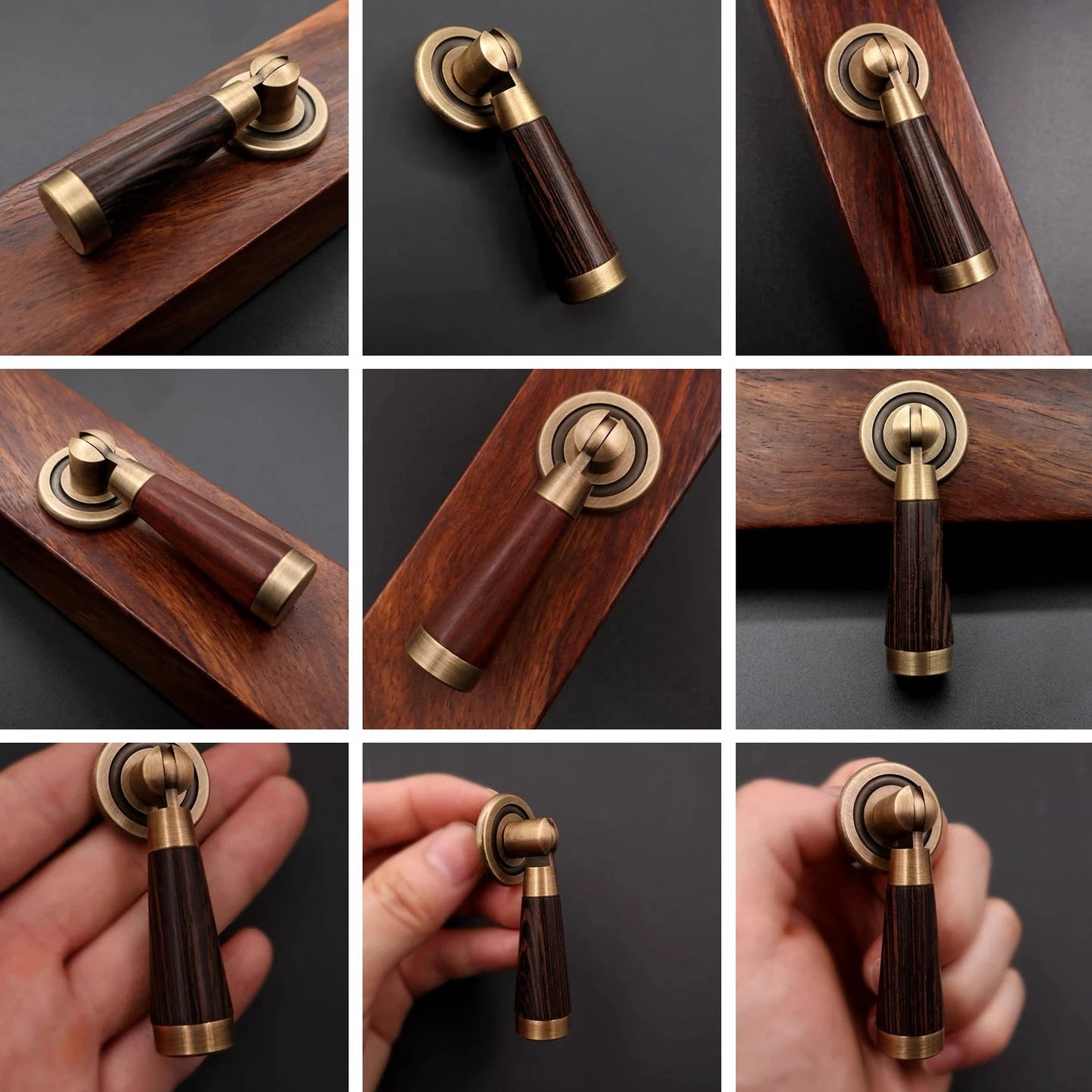 Wooden door handle with brass accents on a dark background