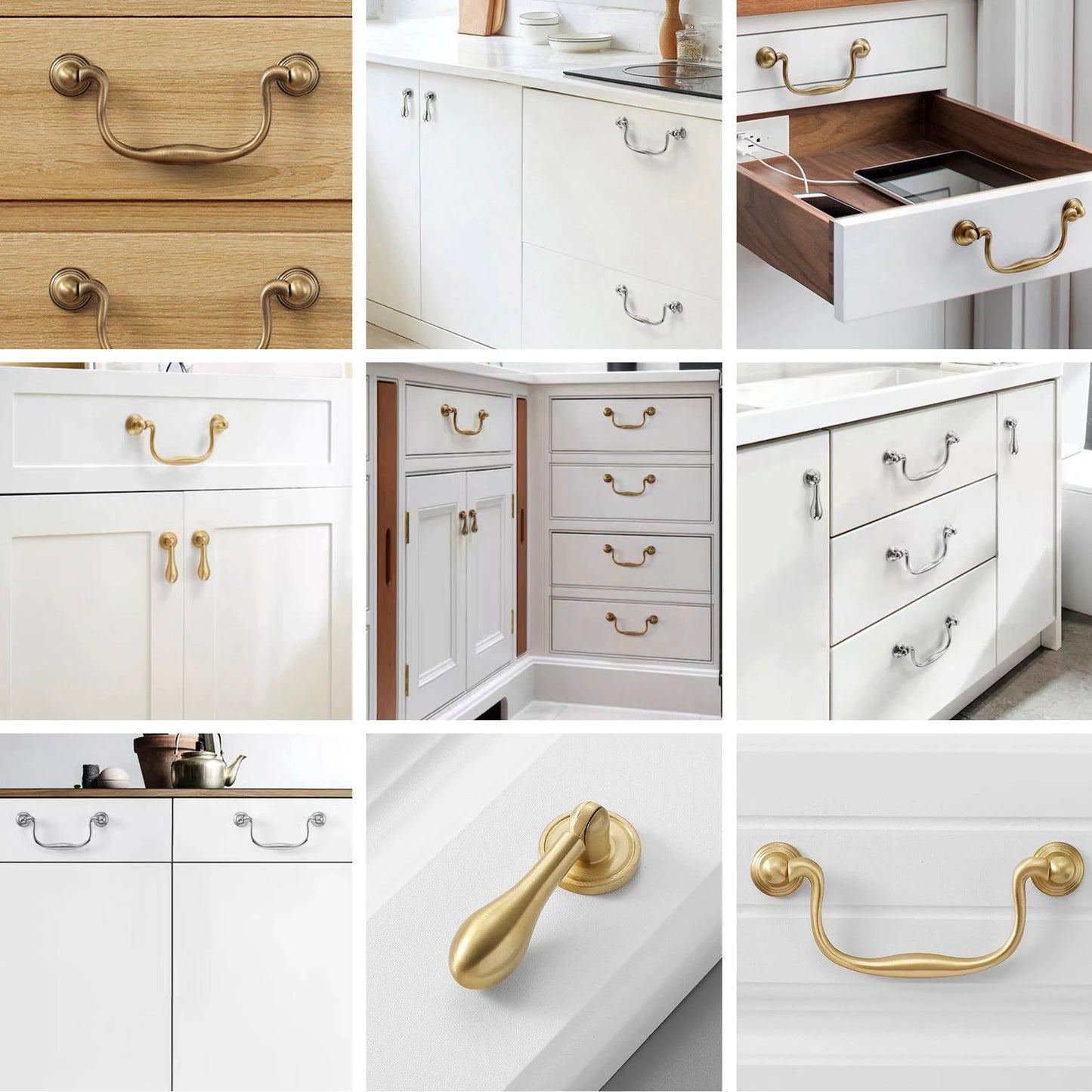 Collage of kitchen cabinets with gold and silver swing handles.
