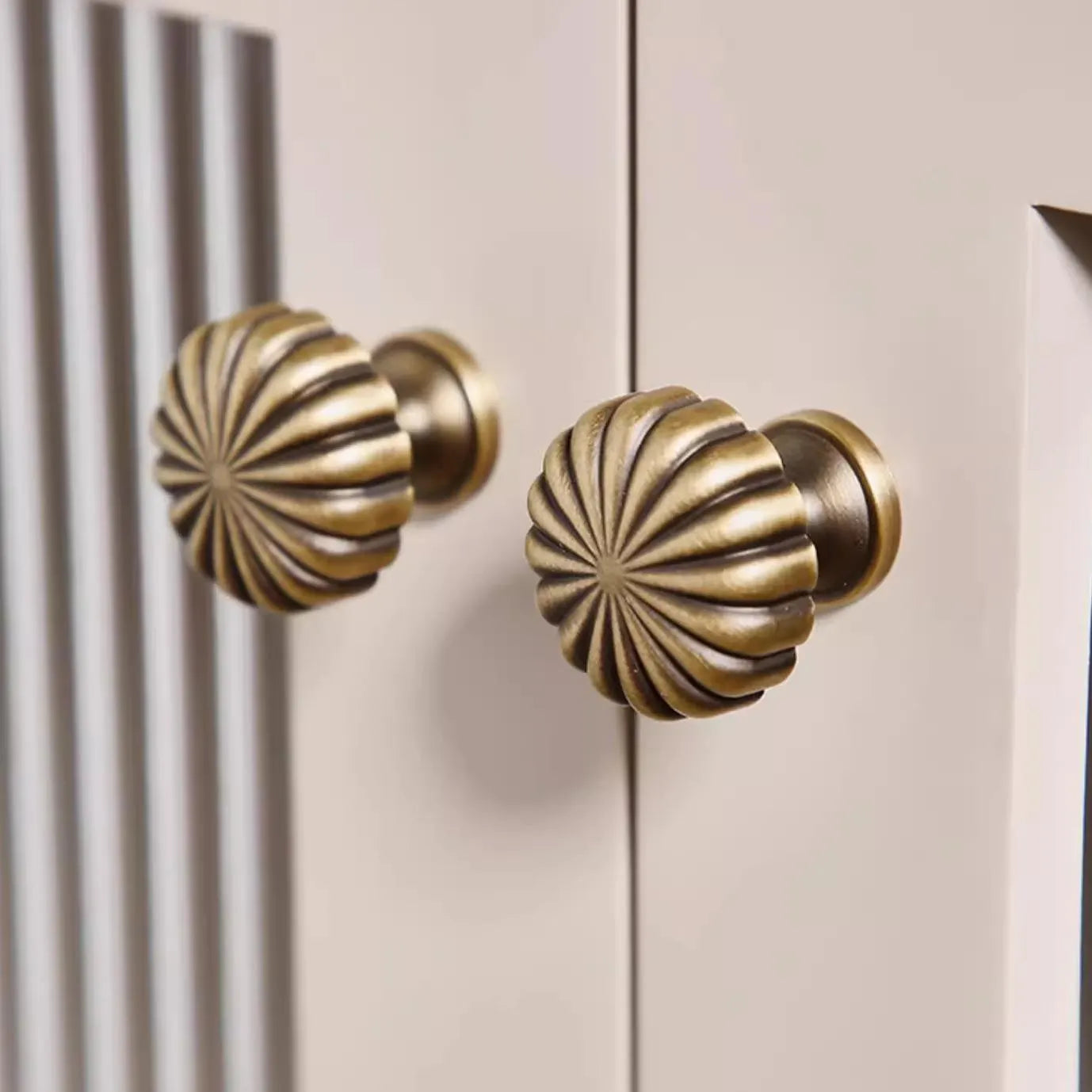 Close-up of two ornate antique brass cabinet knobs on a light-colored wooden door.