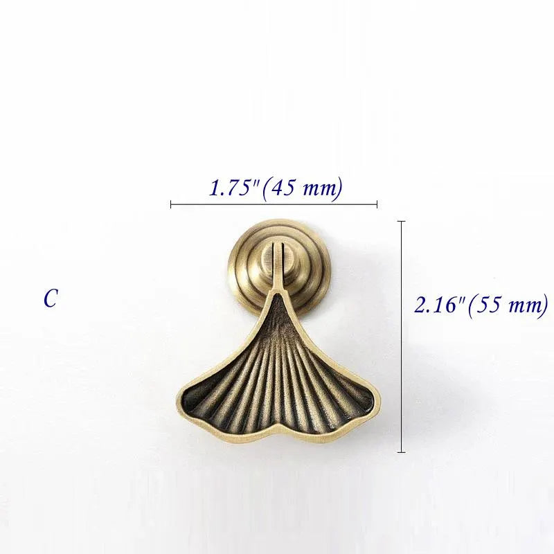 Bouton de tiroir en bronze vieilli en forme de citrouille et de feuille de ginkgo avec motif soleil