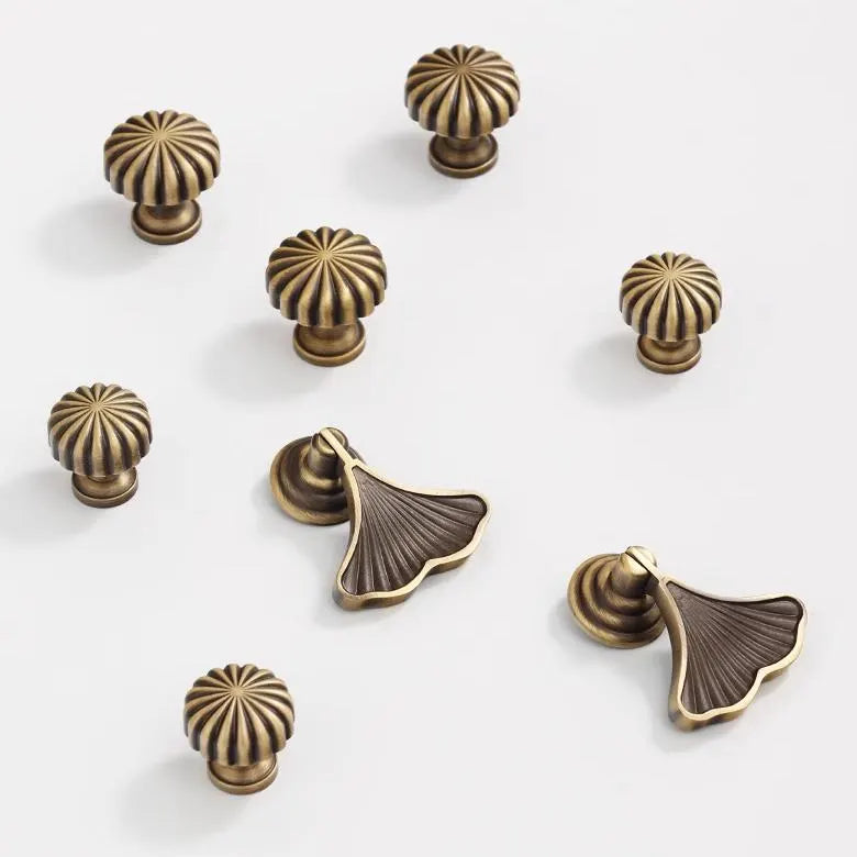 Set of aged bronze pumpkin cabinet knobs and pendant ginkgo leaf handles