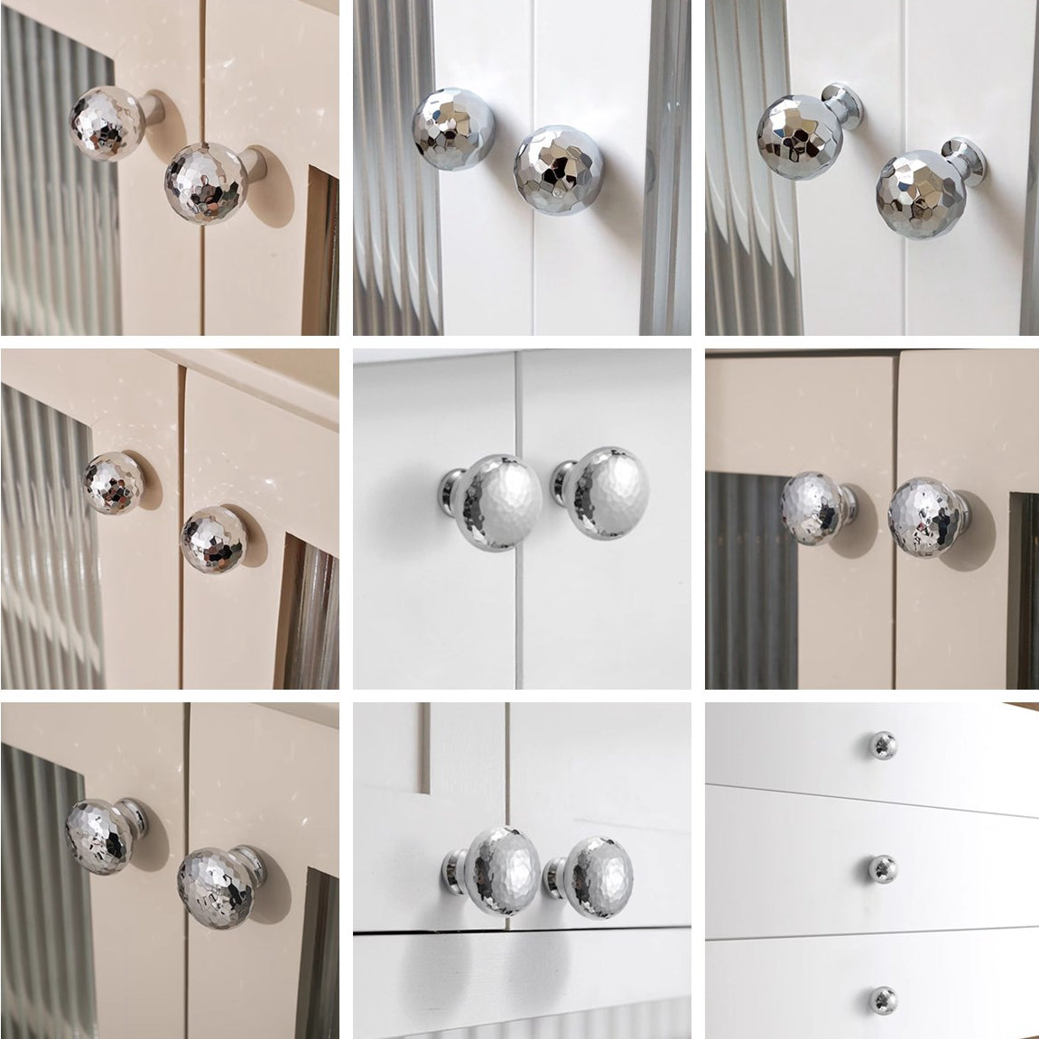 Silver Hammered Brass Drawer Knobs, Polished Chrome, Modern Kitchen Cabinet Hardware