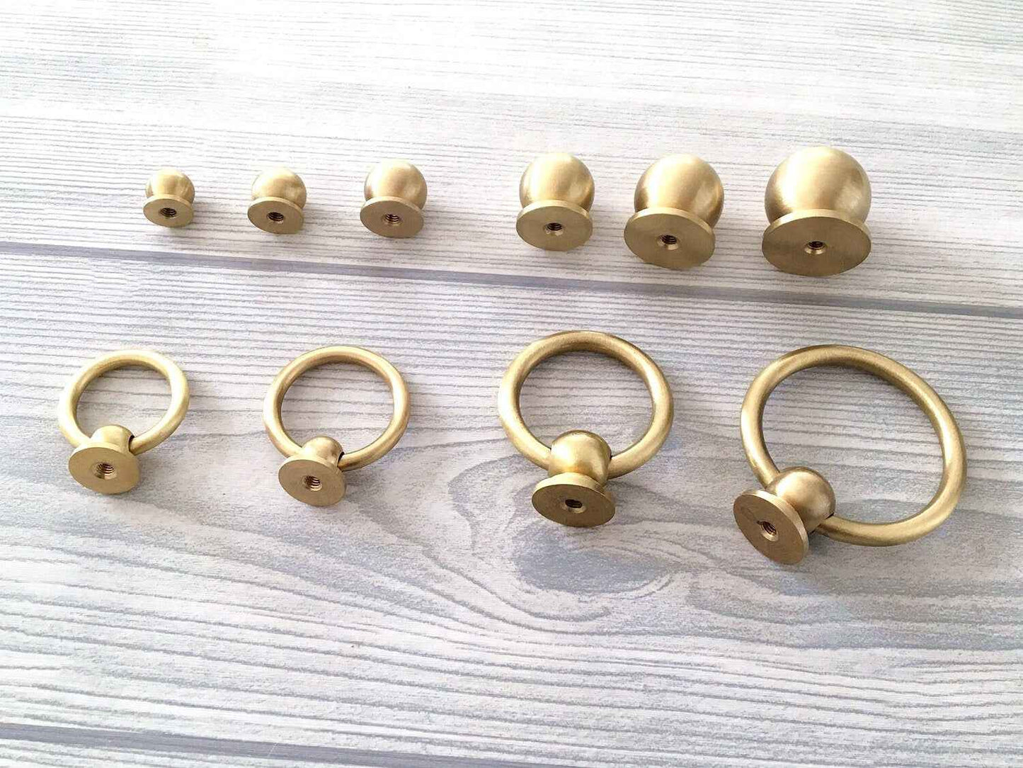 Brushed Brass Sphere knobs & Drop Ring Pulls - Small Drawer Pull