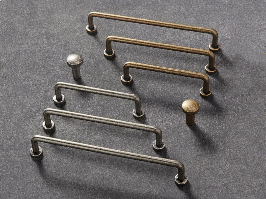 pewter and antique bronze d-bar handles with clean lines