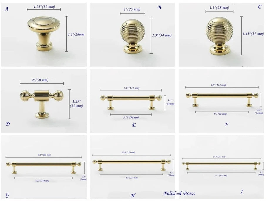 Polished Gold Brass Beehive Kitchen Cabinet Pulls Handles