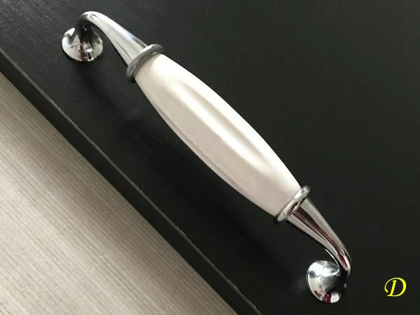 Porcelain Cabinet Pull White Silver 128 mm