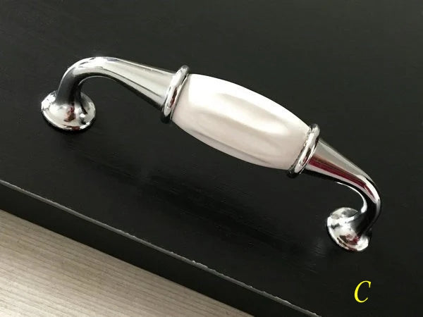 Porcelain Cabinet Pull White Silver 96 mm