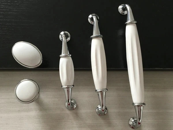 Porcelain Cabinet Pulls Handles White Silver