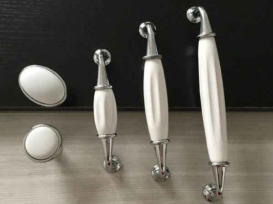 White Porcelain & Chrome Cabinet Pull Handles, Elegant Kitchen Hardware