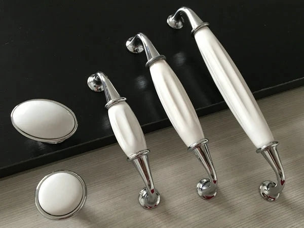 Porcelain Cabinet Pulls White Silver